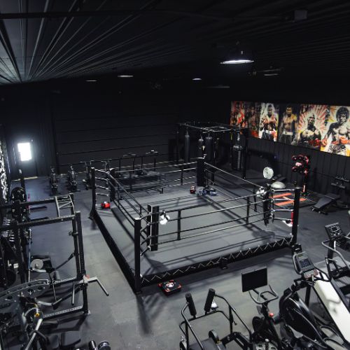 State-of-the-art gym with full-sized boxing ring, bags, treadmills, exercise bikes, Peloton bike, stair stepper, row machine, elliptical, weights, yoga space, restroom, and speaker system for music.