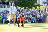 Scott McCarron lines up putt on 18 green during the final round on Sunday, November 6, 2016