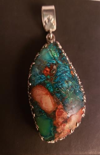 Turquoise-malachite-coral-pyrite-azurite composite pendant