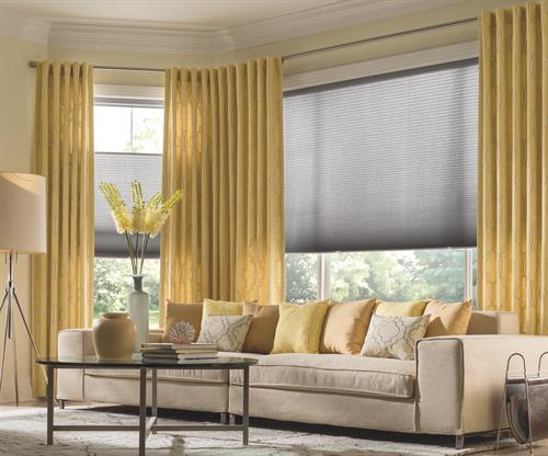 Top Down Bottom Up Honeycomb Shades w/Draperies & Matching Pillows