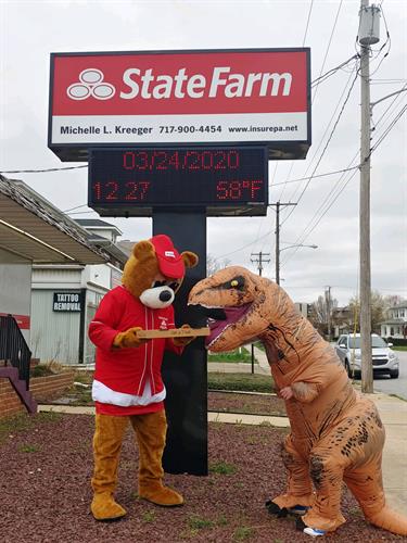 The Good NeighBear having some pizza fun with TRex