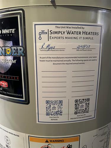 Simply Water Heater installation sticker