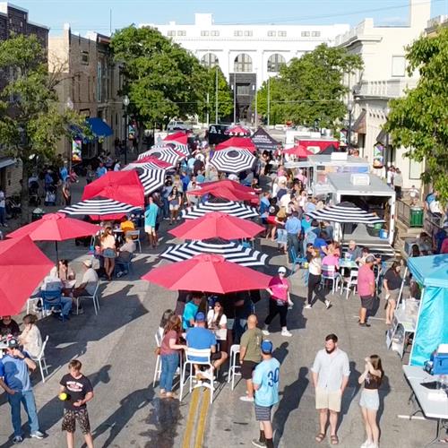 POV from the drone on May 30th, 2025, Fridays on Forest celebrates Bat Cats Night.