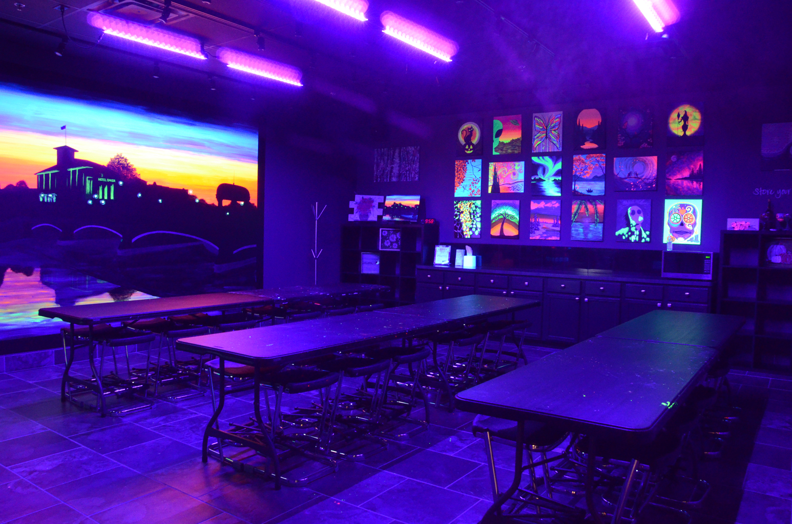 Party Room with black lights on