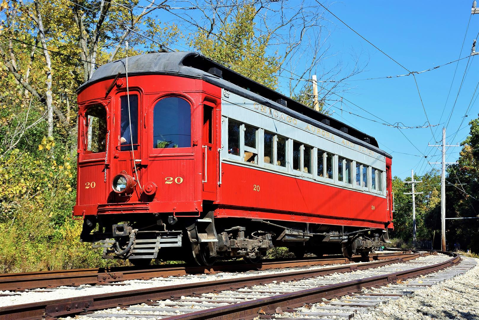 1902 CA&E Car 20 rounds the curve into the Jon Duerr Forest Preserve
