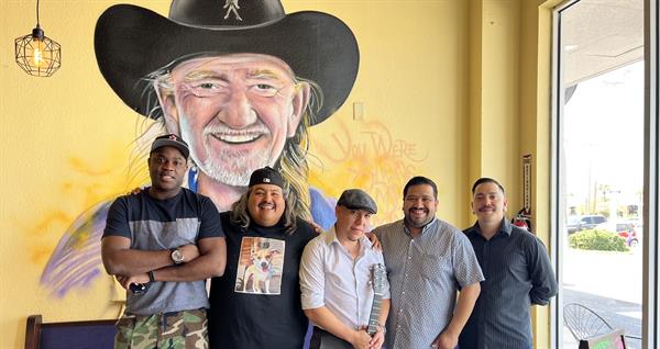 Mario and Charles with the owner and great staff of Lou's Brunch and Brews a great restaurant in McAllen, Tx