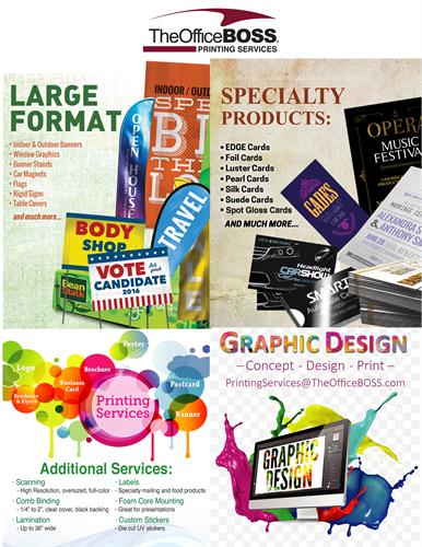 Graphic Design, Logo, Branding, Large Format, Printing, Banners, Signs, Car Magnets, Lamination, Binding, Booklets, and much more!