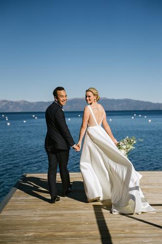 Newlyweds wedding West Shore of Lake Tahoe on pier