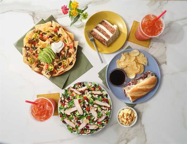 Gallery Image Core_Evergreen_Savannah_Chopped_Salad_French_Dip_Ultimate_Nachos_Carrot_Cake_Grouping_Overhead_2025.jpeg