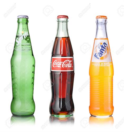 Ice Cold Glass Coca Cola, Orange Fanta & Sprite.