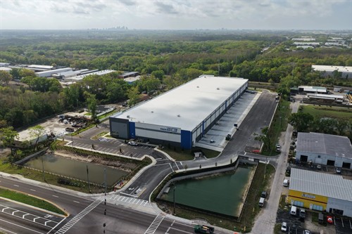 Aerial of 1-800-PACK-RAT facility in Tampa striped by Radiant Striping