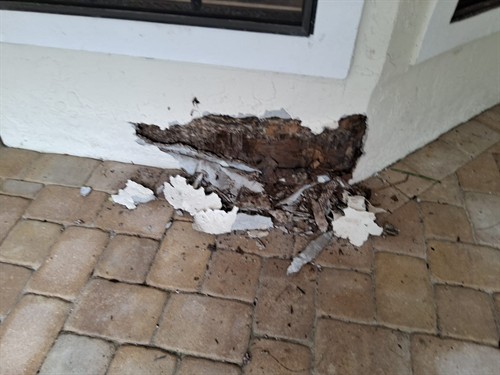 Severe exterior wall damage with rotted wood and broken stucco beneath the window.