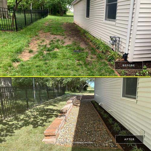 Before and after of a drainage system with a retaining wall