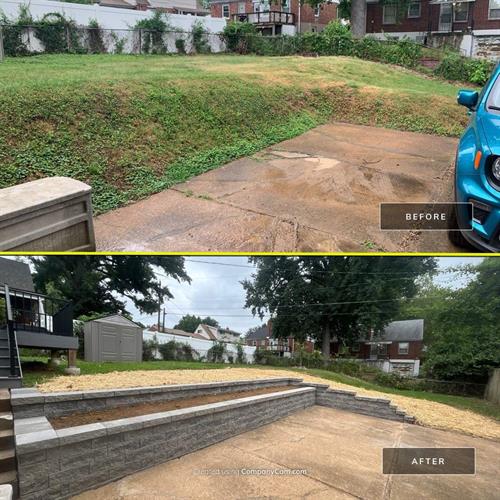 Before and after of a tiered retaining wall project