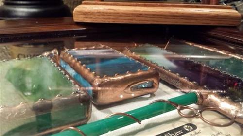 Hand made stained glass pairs with copper detailing for heirloom kaleidoscopes each one of a kind piece is signed by the artist