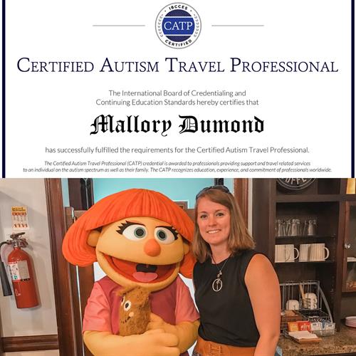 I'm a Certified Autism Travel Professional. Here I am with Julia from Sesame Street at Beaches Resort, Negril. Julia has autism and she is so special!