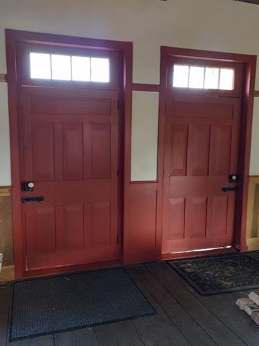 Two Meeting House red doors - Shaker Village