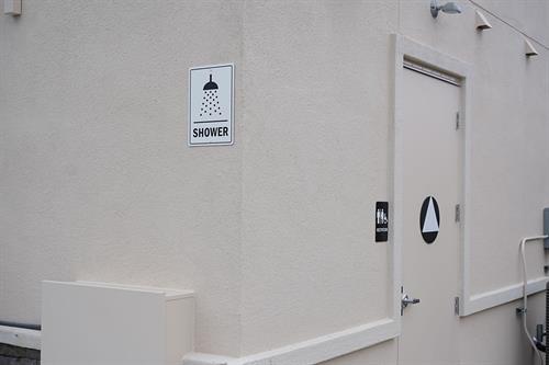 Back from the lake or the road? Stop by our outdoor bathroom and shower to clean up before your next adventure.