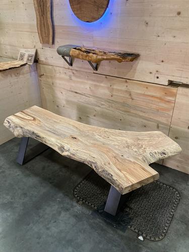 Maple crotch bench with 3/8 triangle solid steel legs