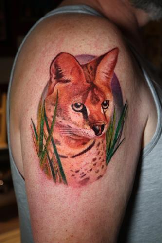 Serval Cat - Colour portrait tattoo - Tattooed in Whistler by Steve Kretz