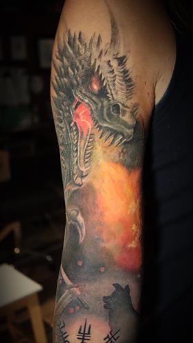 Warrior/Dragon realistic tattoo sleeve - Tattooed in Whistler by Steve Kretz