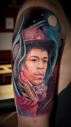 Jimi Hendrix - Colour portrait realistic tattoo - Tattooed in Whistler by Steve Kretz