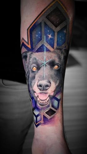 Dog portrait/geometric tattoo - Tattooed in Whistler by Steve Kretz