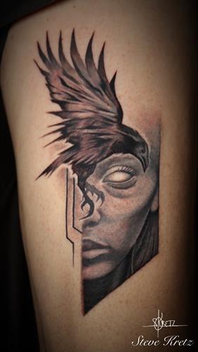 Raven/portrait tattoo - Tattooed in Whistler by Steve Kretz