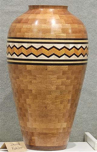 Tequila Sunrise 24" Tall vase of mahogany, maple, Peruvian walnut, and dyed birch veneer