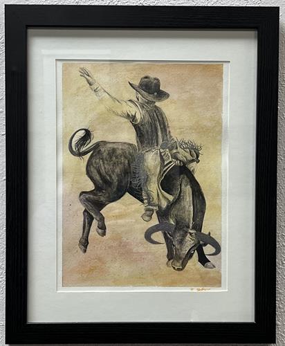 Ride 'Em, original painting, framed, watercolor, 9" x 12"