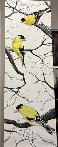 Winter Finches, original painting, acrylic, 12" x 36"