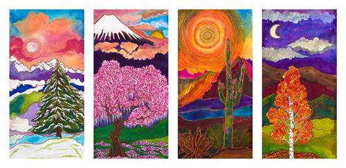 "Seasons of Love", 2024 Original Silk Painting (4 piece polyptych. 16" x 32" each)