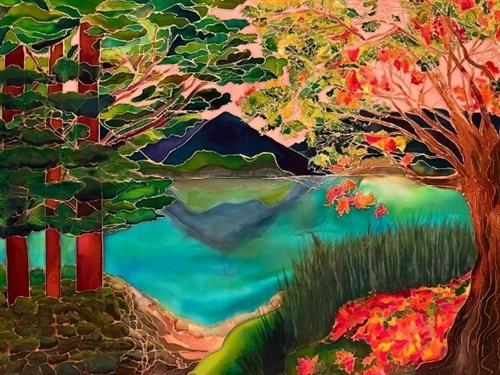 Reflections (2024). Original silk painting acquired for a New Mexico Art in Public Places collection, 30" × 40".