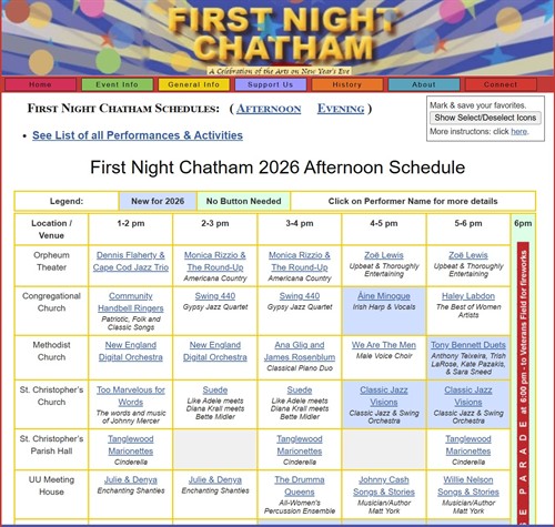 SCHEDULE: First Night Chatham Afternoon Dec. 31, 2025 (see website for more detail)