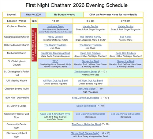 SCHEDULE: First Night Chatham Evening Dec. 31, 2025 (see website for more detail)