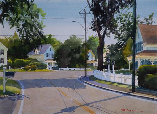 "Shadows on Cross Street, Chatham" Watercolor, 10 x 14 by Bill Lane.