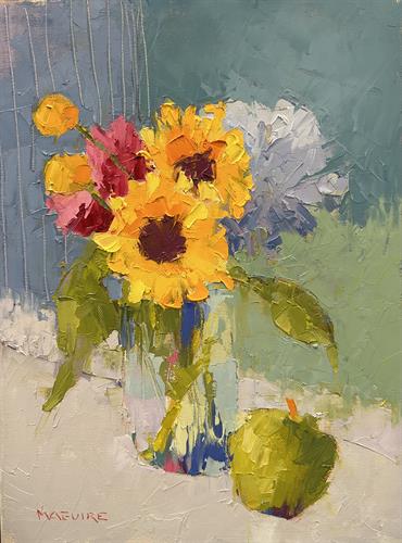 "Sunflowers with Apple" Oil 16 x 12 by Carol Maguire for her June 2024 Show.