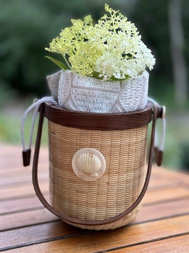 maple and walnut bucket bag, custom swiss dot linen liner and fossil back plate and scallop shell