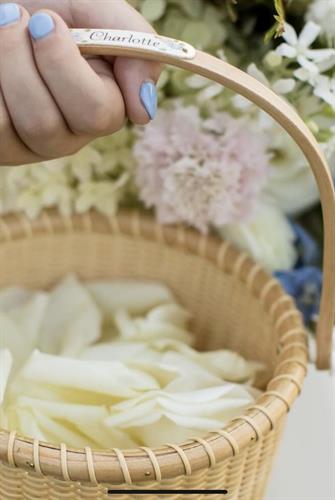 Nantucket flower girl baskets with custom scrimshaw in ivory hydrangeas