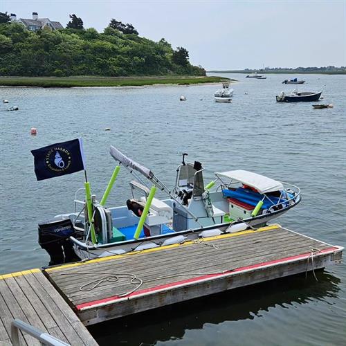 Our launch service boat, Lucy Jane, is a 19' Maritime Skiff with a design that is all around great for Chatham waters -- a shoal draft so we can get in close to shore, but with a bow that makes other boats too wet or rough to take out on Nantucket Sound. It is great for picking you up in the shallows near of of the Town Landings around Stage Harbor, Oyster Pond or Mill Pond, and get you right to your boat on its mooring, or the backside of Morris Island or Hardings Beach.