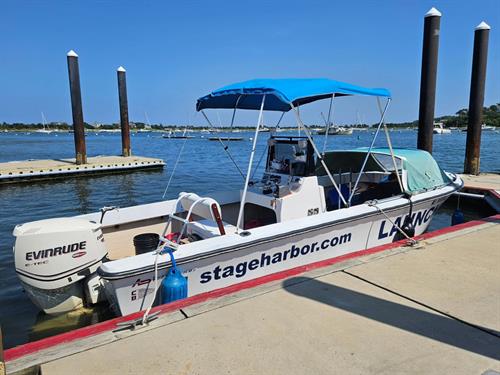 Our Monomoy service boat, BOLO, is a 21' Alcar, built for Cape Cod waters by C.B. Boatworks of Wellfleet.