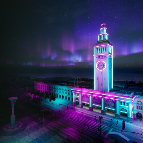 San Francisco Ferry Building 3D model rendered in Twinmotion with artificial lighting and atmospheric effects