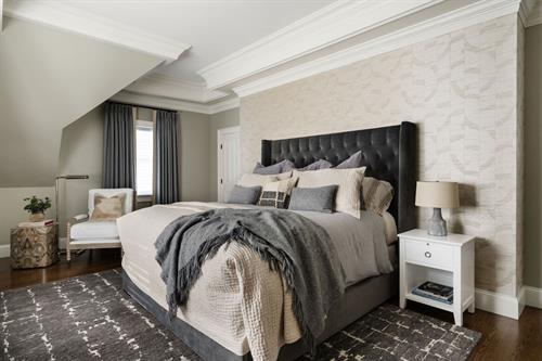 Primary Bedroom wide shot featuring Luxury Wallcovering