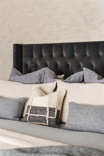 Primary Bedroom Luxury Bedding and Custom Headboard