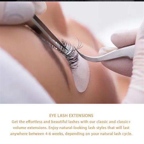 EYE LASH EXTENSIONS Get the effortless and beautiful lashes with our classic and classic+ volume extensions. Enjoy natural-looking lash styles that will last anywhere between 4-6 weeks, depending on your natural lash cycle. 