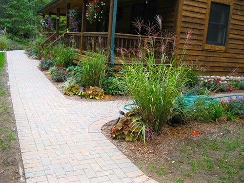 Brick paver walkway and landscape bed planting