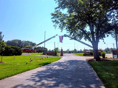 Flag hung during a service for a fallen Fire Fighter