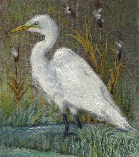 Snowy Egret, fiber art by Christine Blomquist