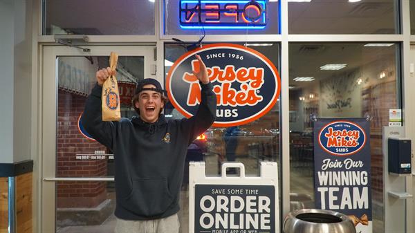 Sam leaving Jersey Mike's happy. Our favorite core value - happy customers!