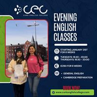 Cork English College offering Evening English lessons January 2025